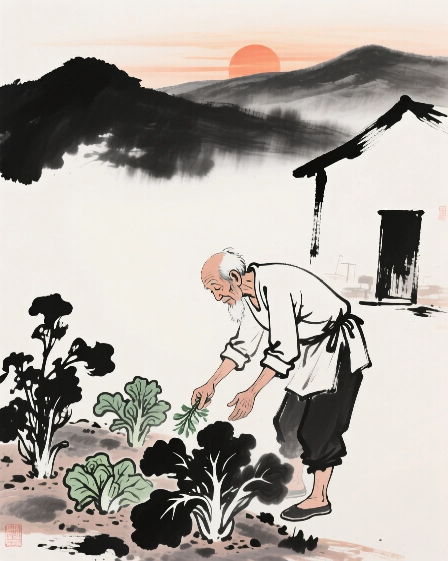 An elderly farmer tends a small vegetable garden beside his home, as the sun begins to set behind distant hills.