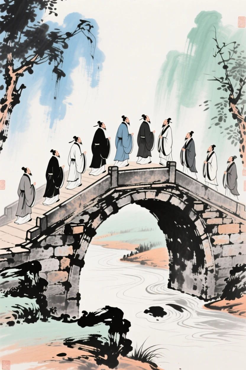 A procession of scholars crossing an ancient stone bridge in ceremonial robes, full of quiet reverence.