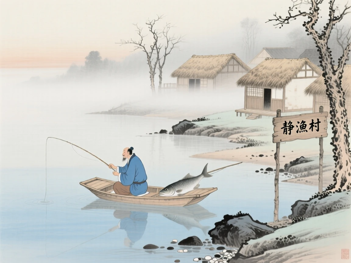 A quiet fishing village along a foggy coastline, with a single fisherman casting a line from a small boat