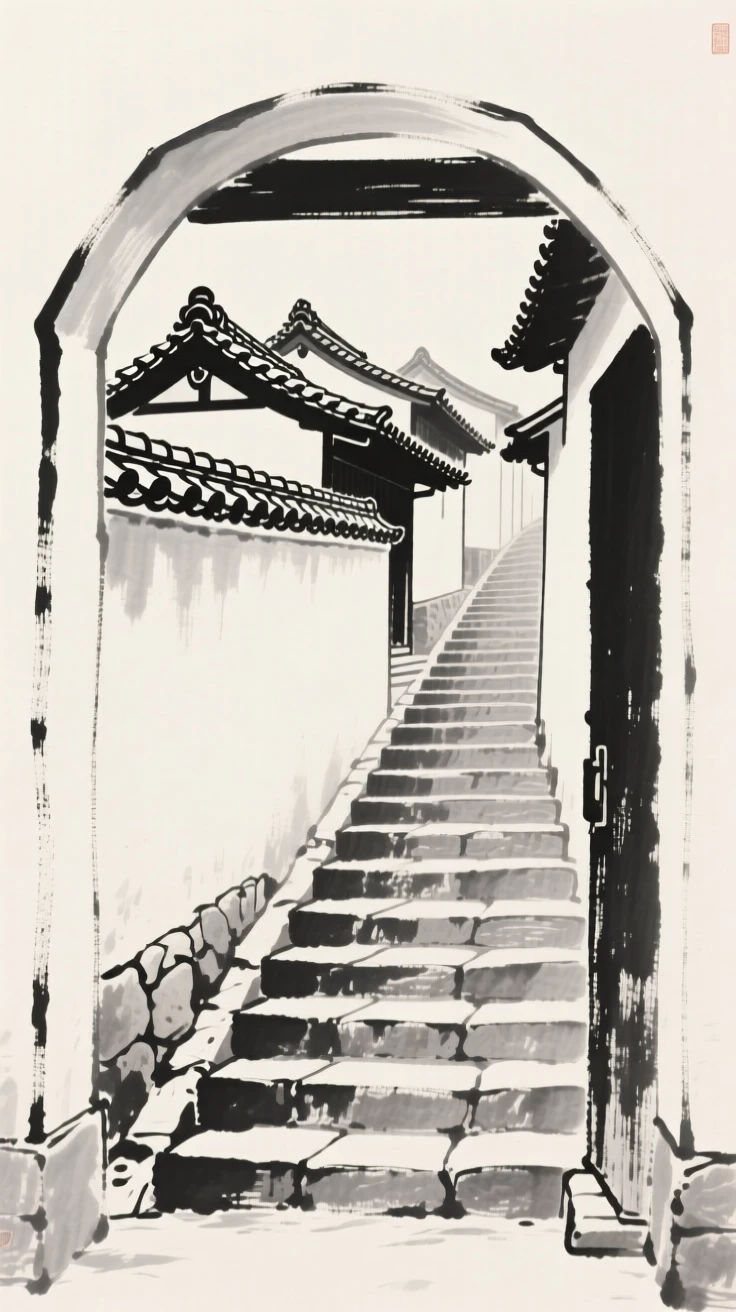 A row of traditional tiled rooftops at the top of a long stone staircase, framed through an archway or gate for depth, capturing a serene blend of nature and human presence.
