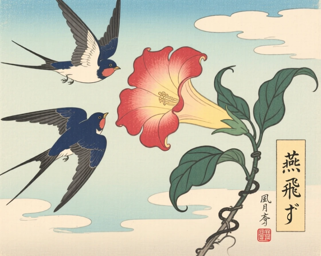 Swallows in flight hovering beside a blooming trumpet flower.