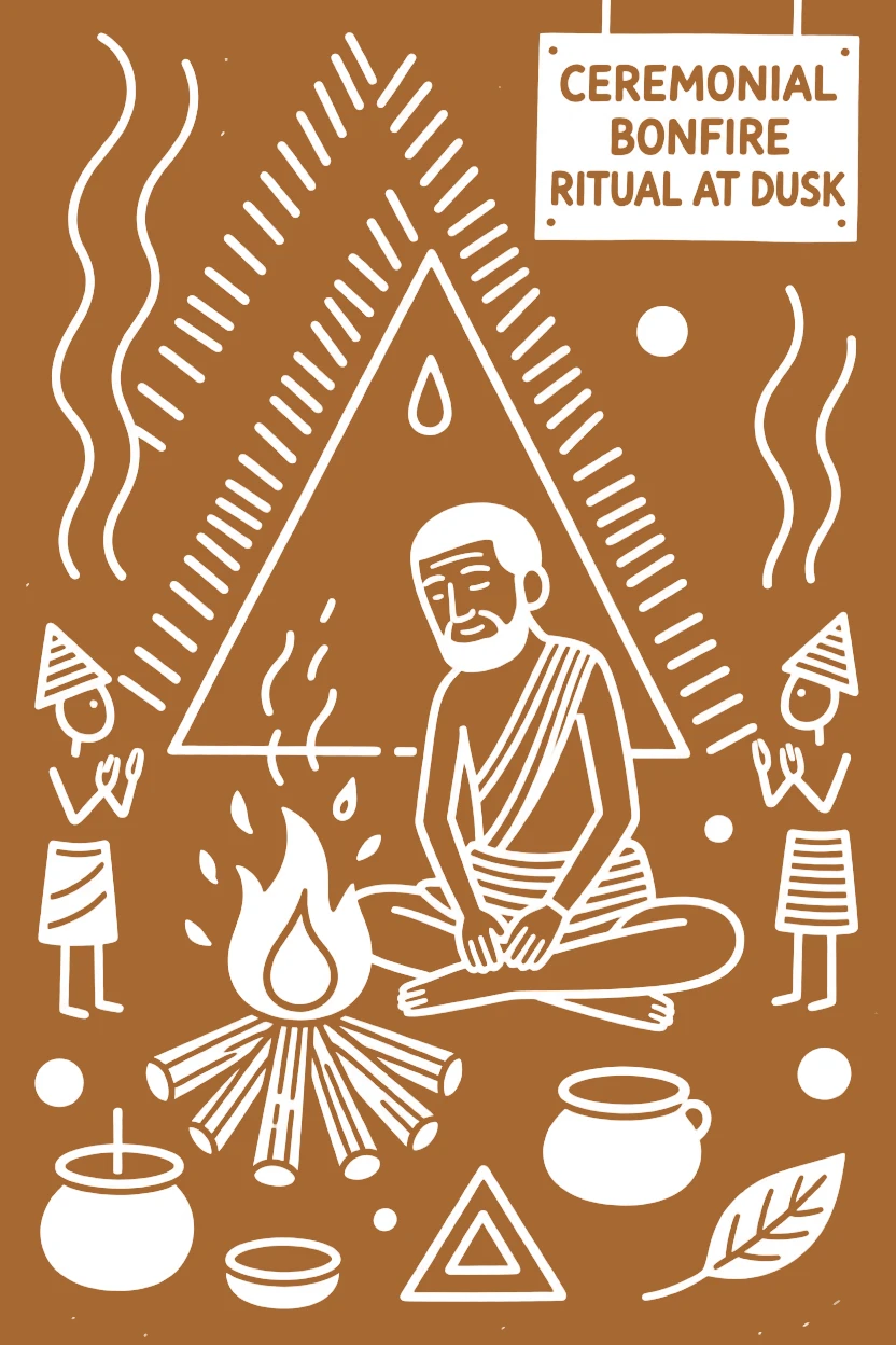 An elderly priest around a ceremonial bonfire at dusk.