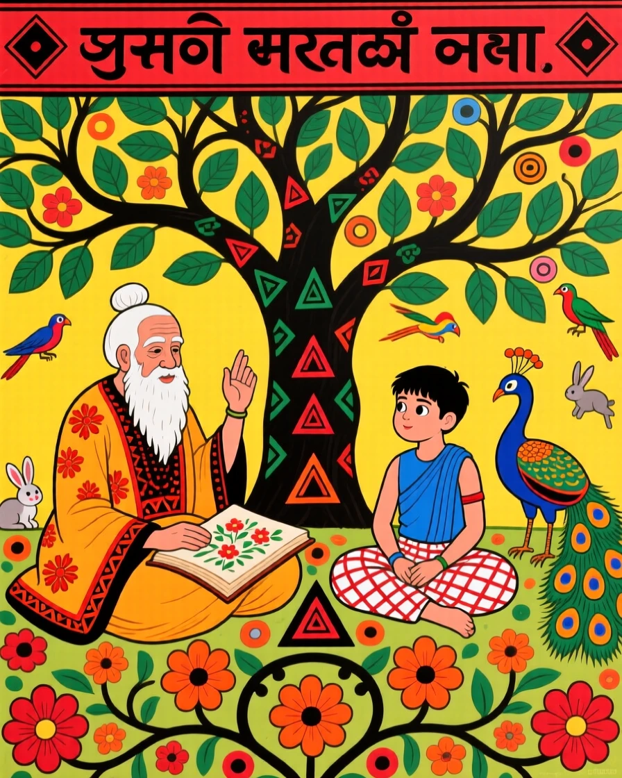 An old sage sharing wisdom with a young student beneath a shady tree.