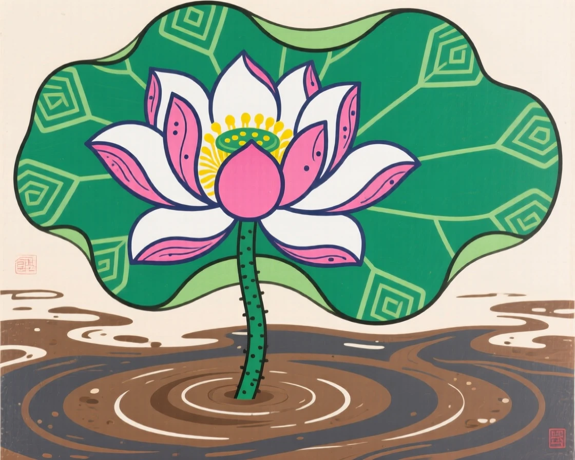 A blooming lotus rising untouched from muddy water, symbolizing purity.