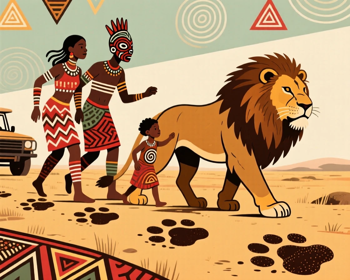 A family on a game drive tracking lion footprints across the plain.