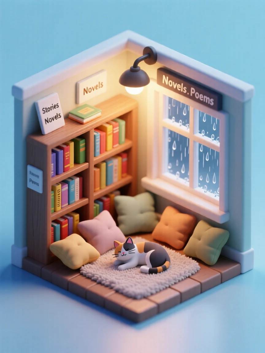 A cozy community bookstore reading corner with cushions scattered, a cat curled among the pillows, and rain against the window.