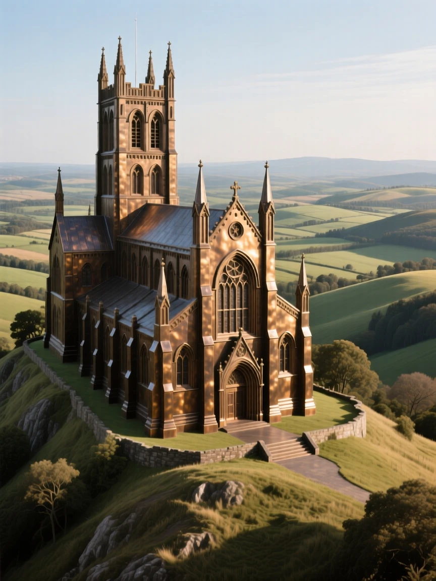 A majestic hilltop abbey overlooking rolling countryside, with a powerful sense of history and grandeur, exuding timeless grandeur