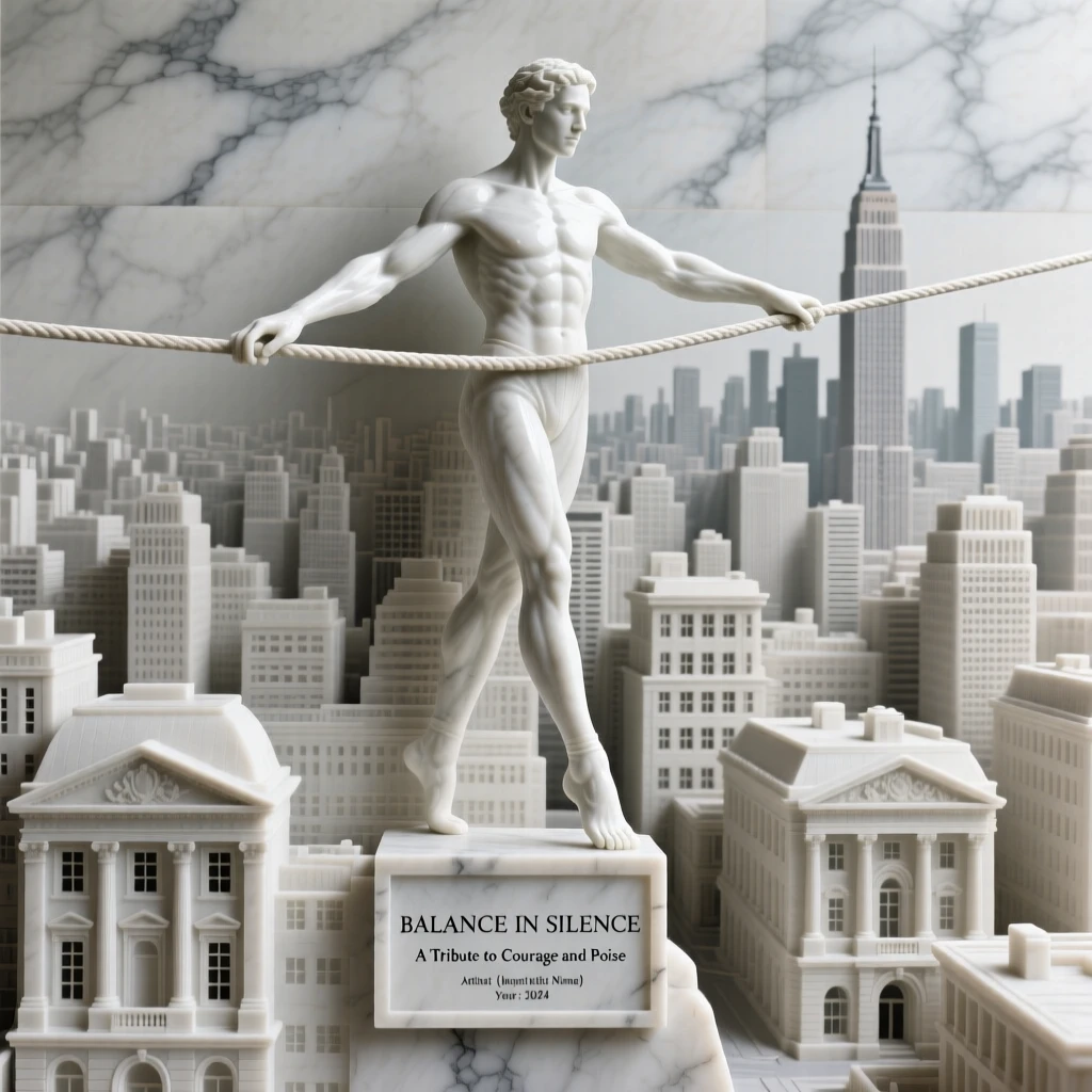 A beautifully composed image of a tightrope walker balanced high above a city, in a moment of quiet stillness, full of atmosphere and visual storytelling