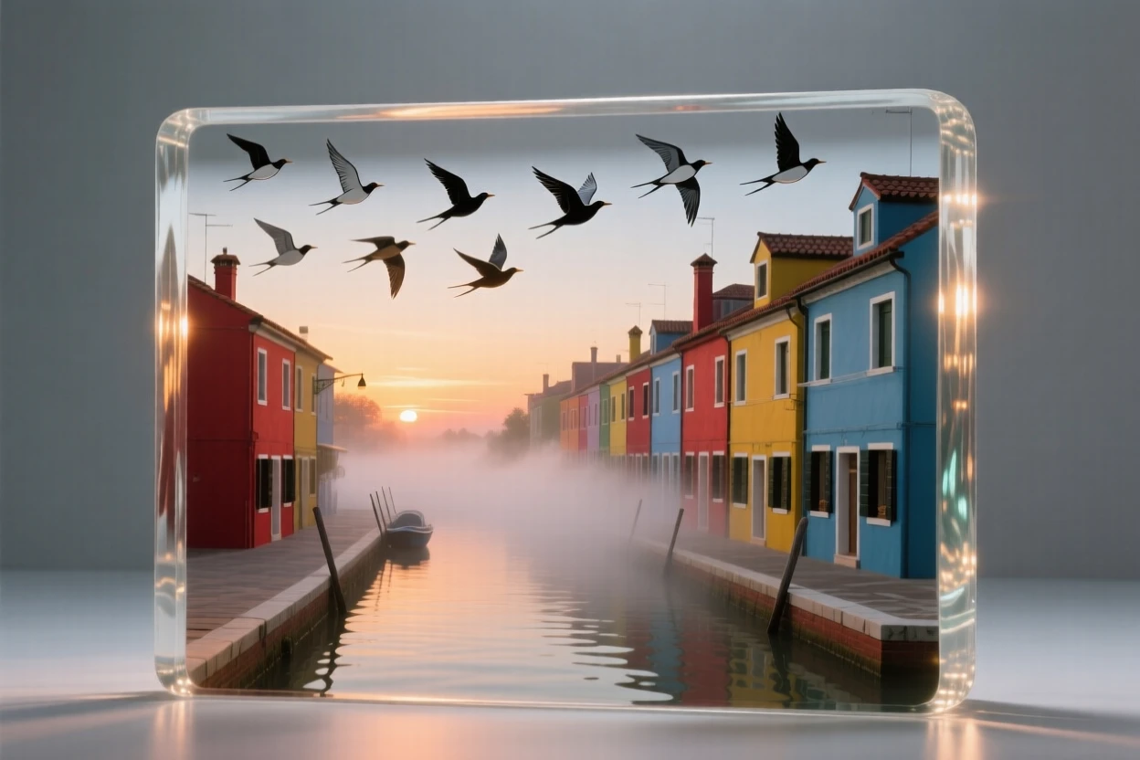 As morning fog drifts slowly through the streets below, a row of colorful houses lining a canal at sunset, while a flock of birds wheels above the surrounding rooftops