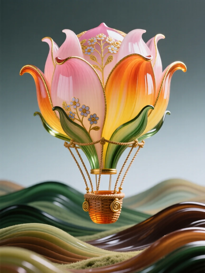A hot air balloon shaped like a blooming flower drifting over rolling hills, whimsical and cheerful.