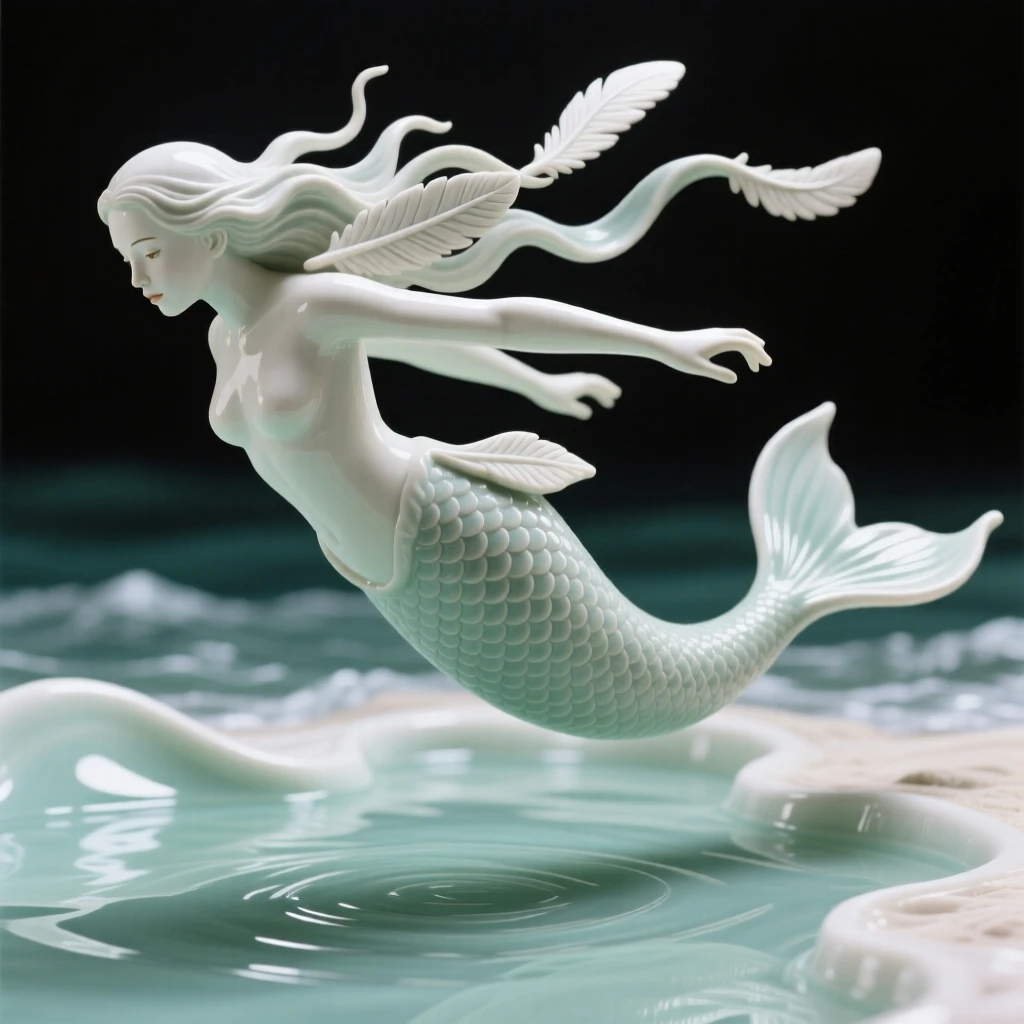 A mermaid gazing into tide pools caught in a graceful, weightless leap, with delicate feathers trailing like ribbons, conveying protective strength and loyal guardianship.