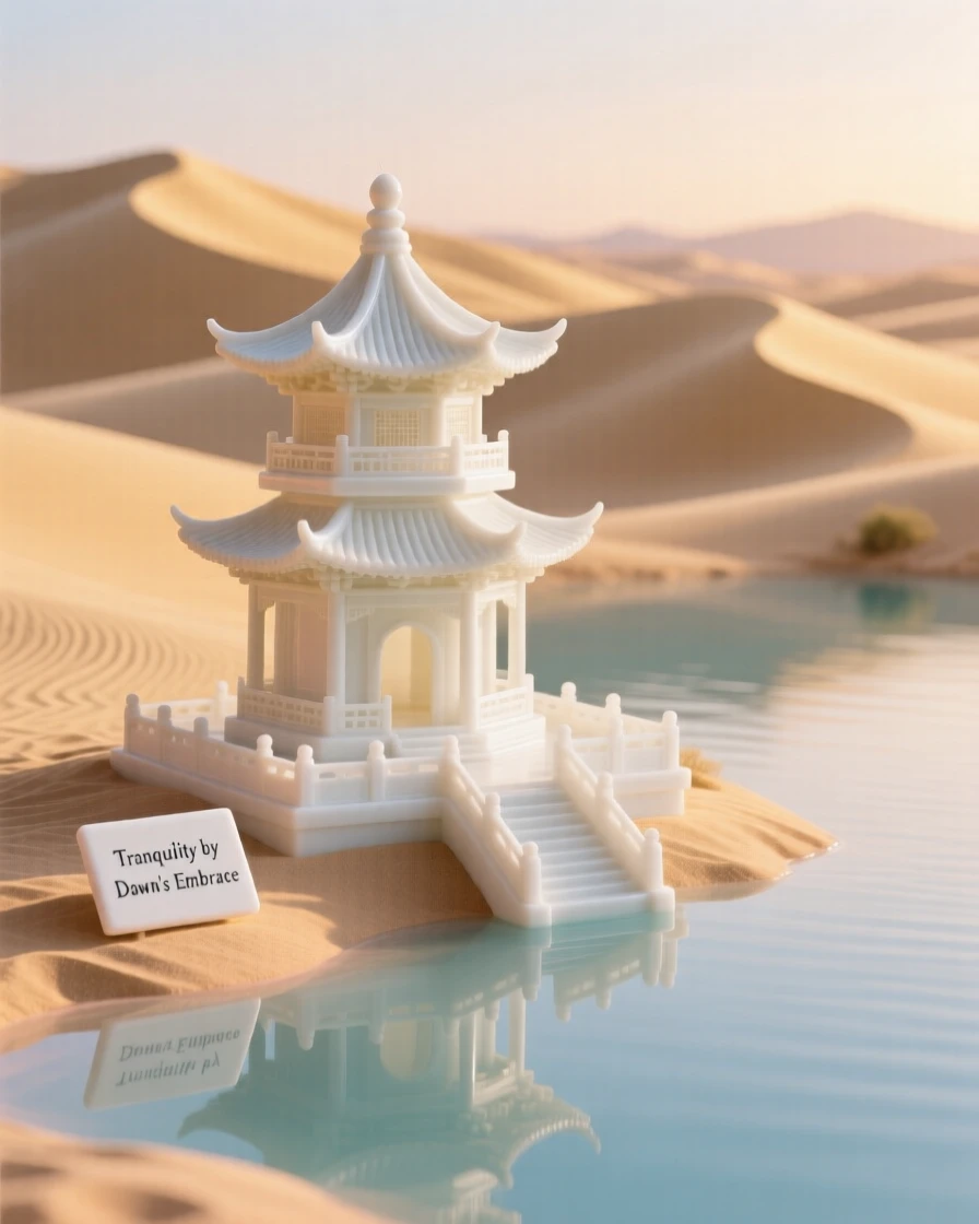 A serene lakeside pagoda nestled in golden desert dunes, bathed in the soft light of dawn.