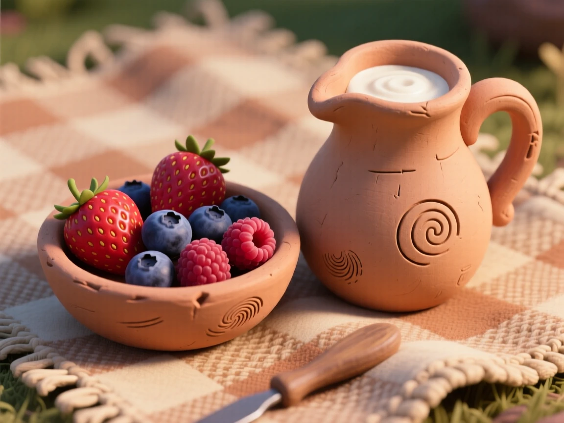 A bowl of fresh berries beside a jug of cream on a picnic blanket
