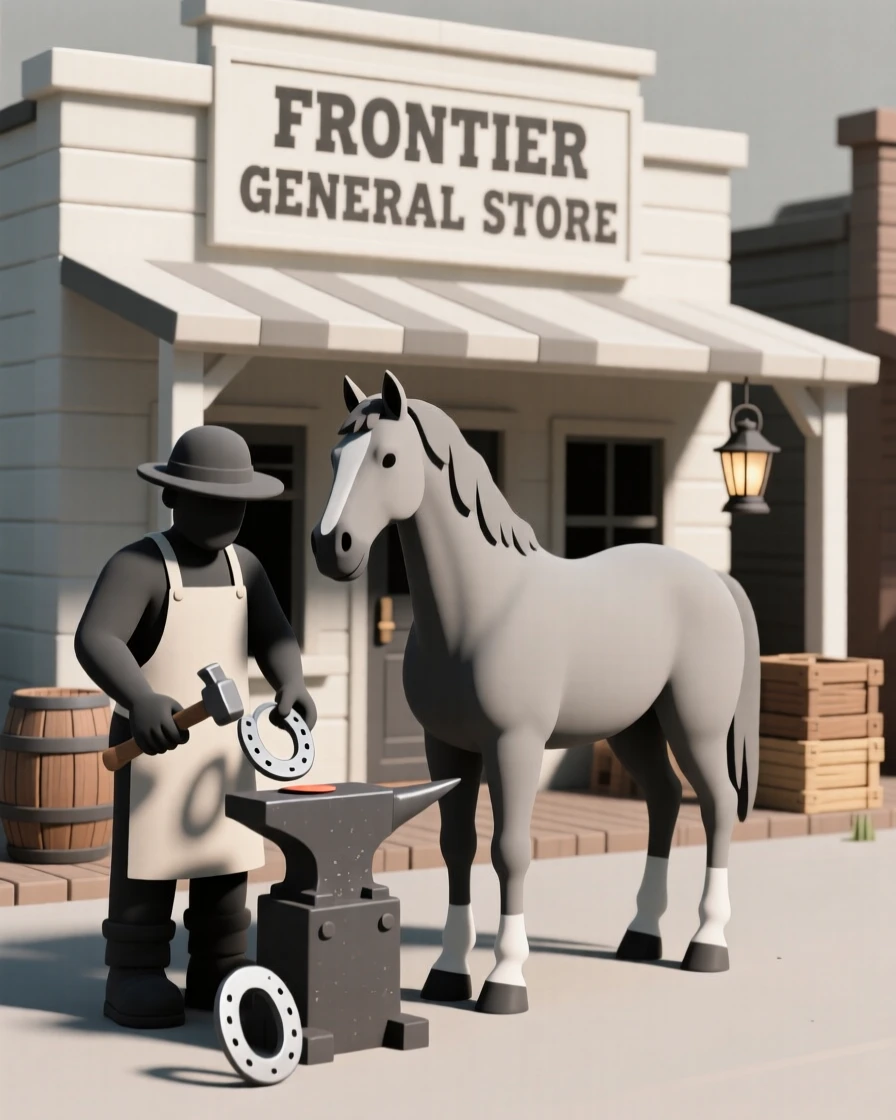 A proud town blacksmith shoes a patient farm horse outside a bustling frontier general store.