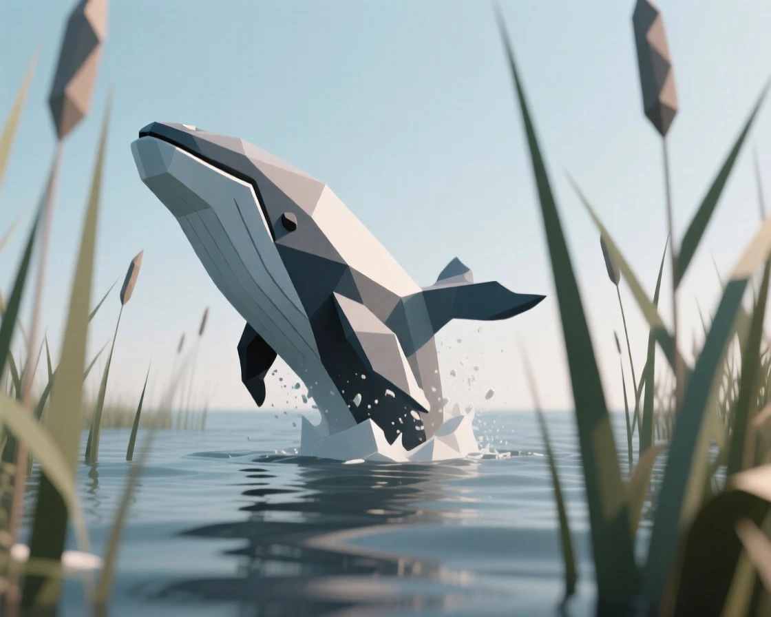 A humpback whale breaching the surface, amid tall swaying grass. the composition centers the subject with a shallow depth of field. A feeling of serenity washes over the moment.