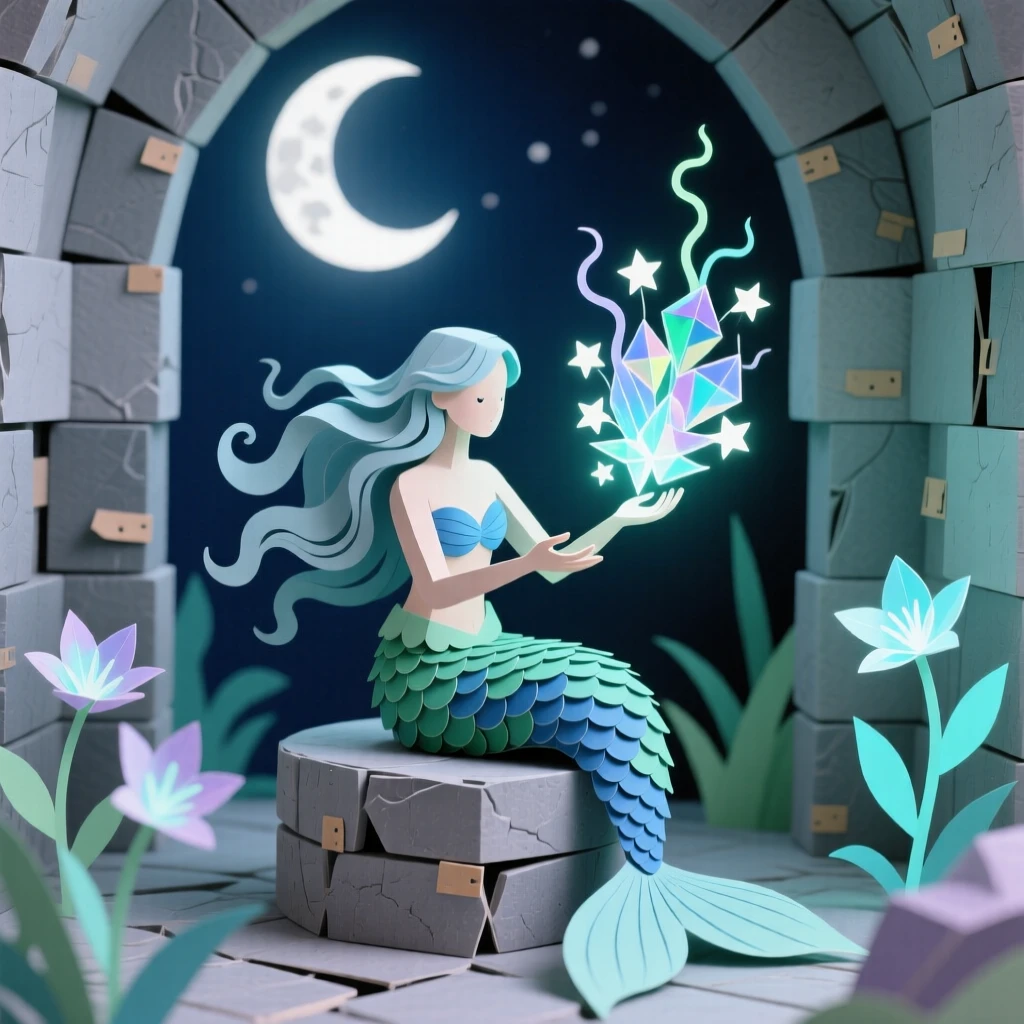 A moonlit mermaid summoning glowing magic within a stone chamber, with luminescent plants lighting the surroundings, capturing epic scale and wonder.