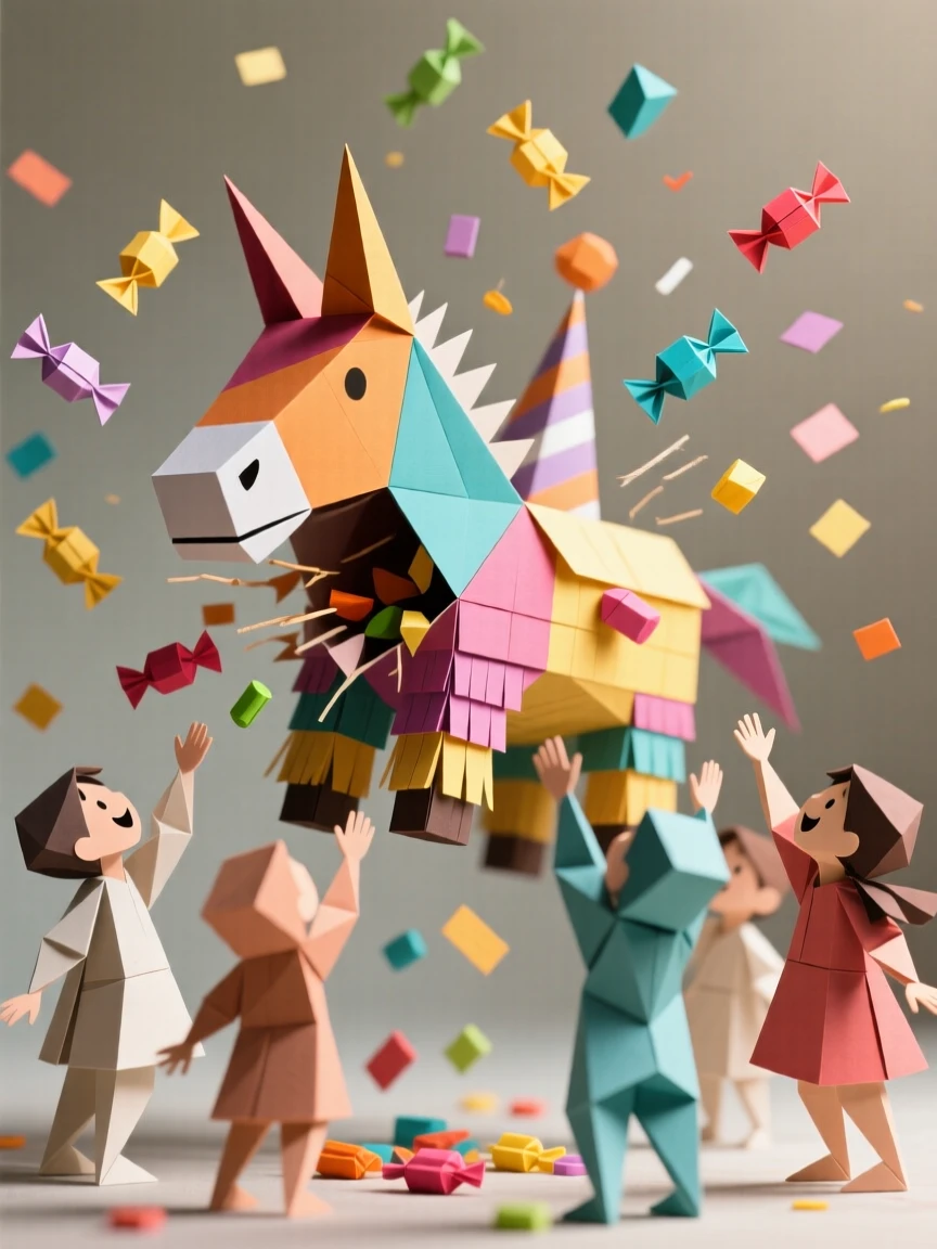 A birthday piñata bursting open with candy scattering as children reach up excitedly.