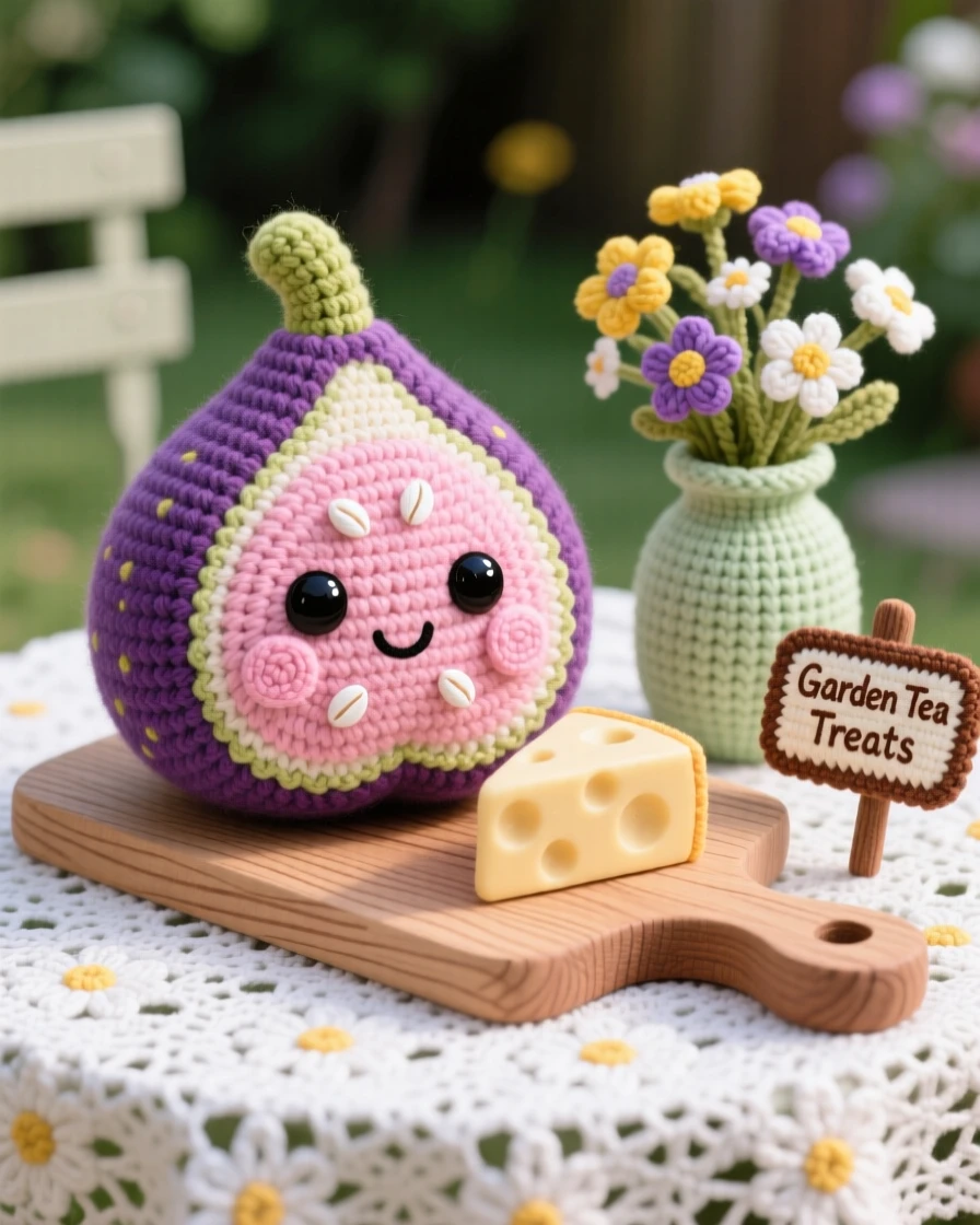 A delightful still-life of a round fig character sliced open to show its pink interior, resting on a rustic cheese board within a garden patio set for afternoon tea; a small vase of wildflowers on the table nearby, full of a cozy sense of shared treats.