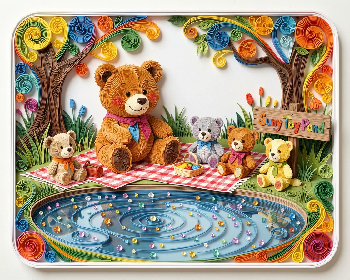 a teddy bear having a picnic with other stuffed animal friends, beside a sparkling toy pond, framed with soft rounded borders like a picture book page, in a cheerful rainbow palette.