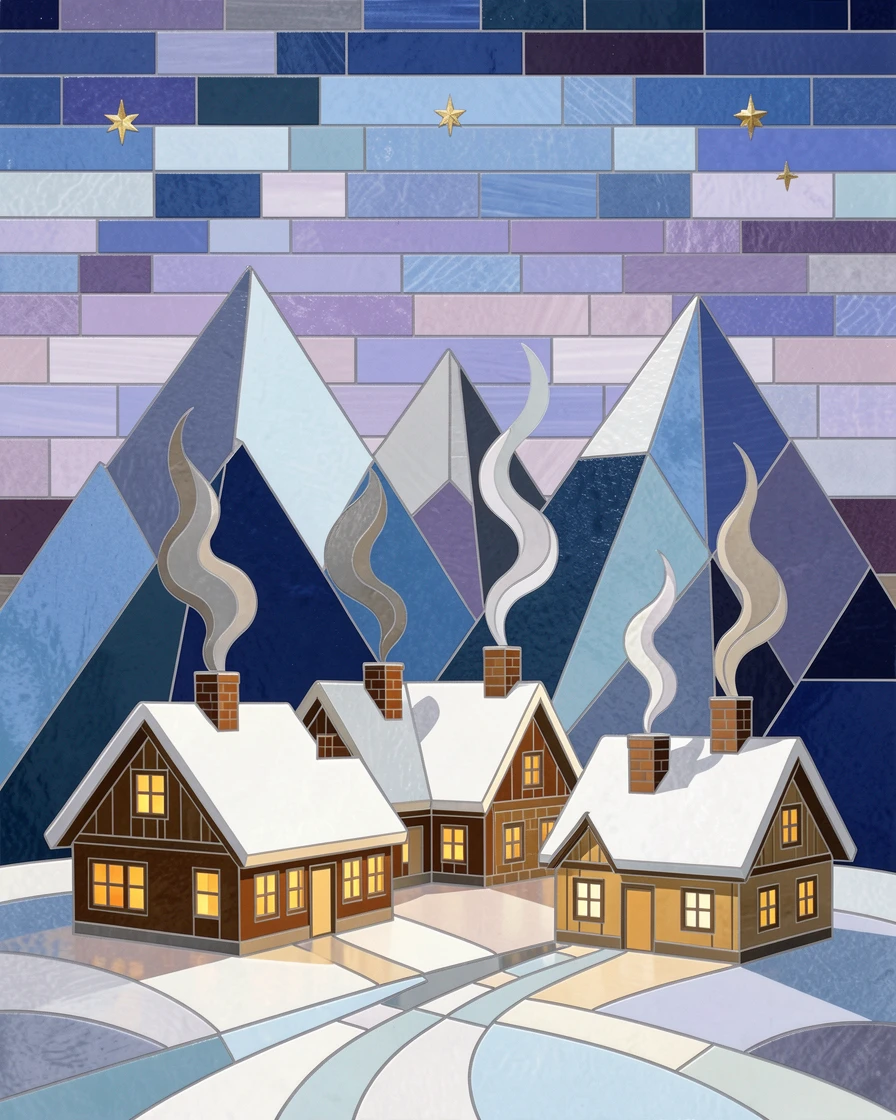 A snowy mountain village with smoke rising from cozy chimneys.