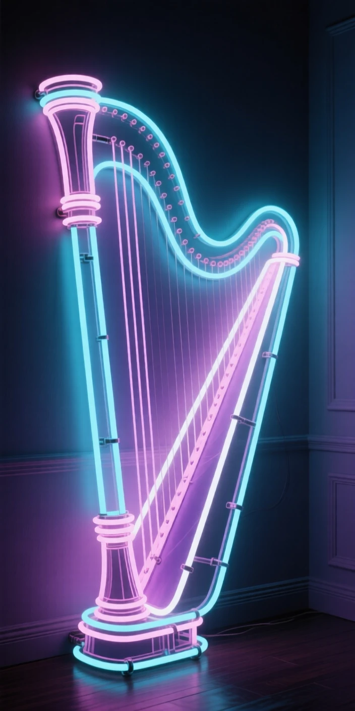 A harp standing in the corner of a quiet music room.