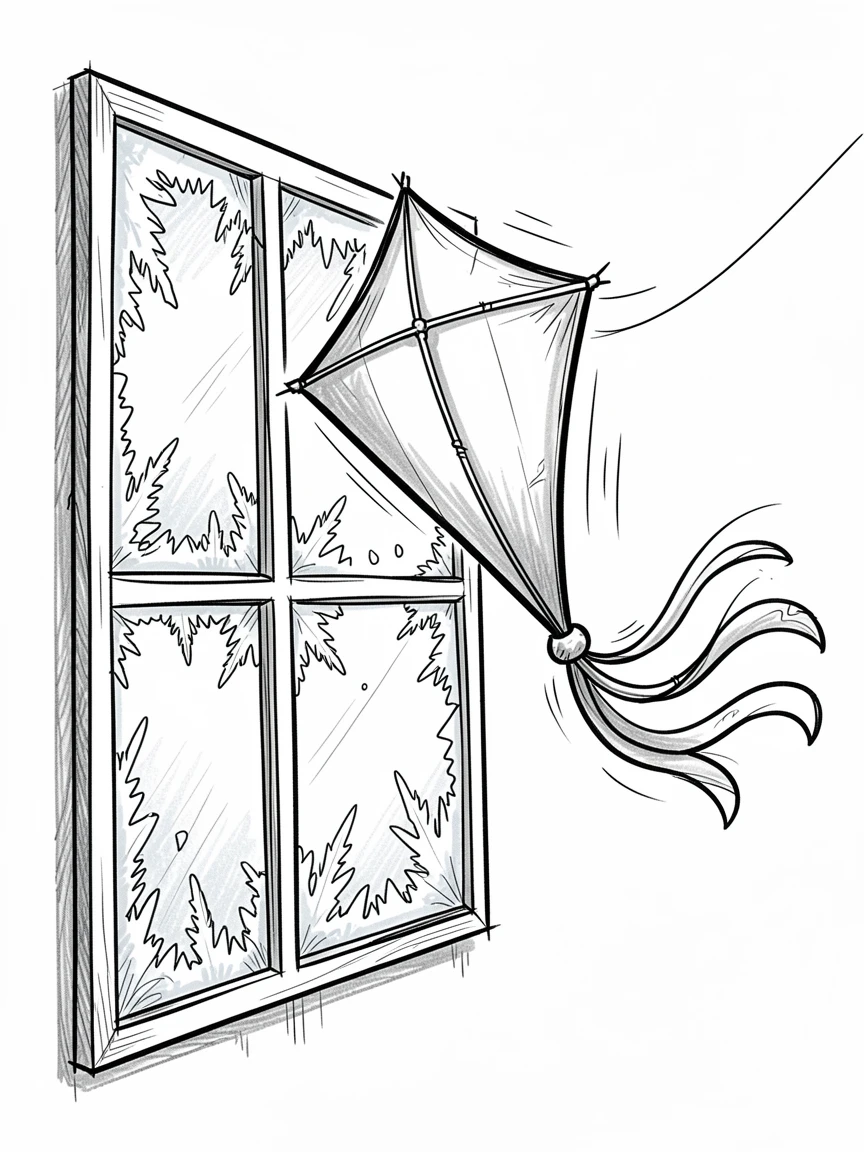 A kite flying on a breezy spring day beside a frosty windowpane.