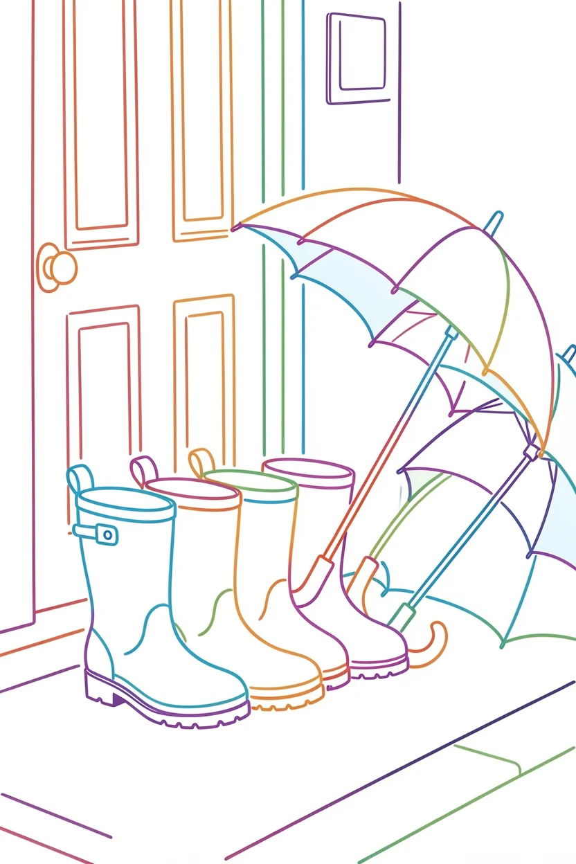 A row of rain boots lined up by a front door beside umbrellas.