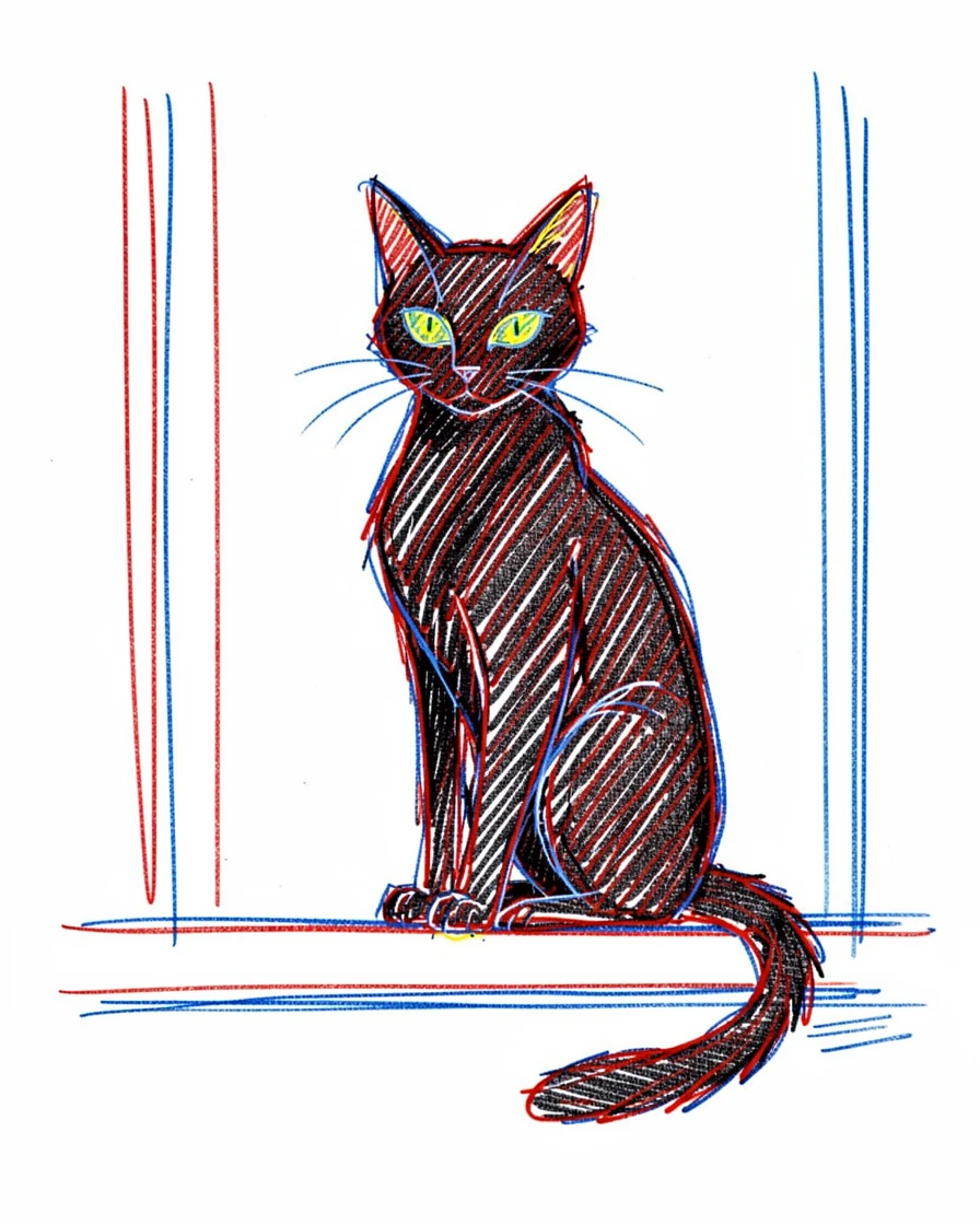 A witch's familiar, a black cat with glowing green eyes, on a windowsill