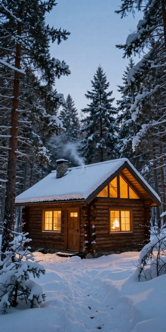 A snow-covered forest cabin glowing warmly from within