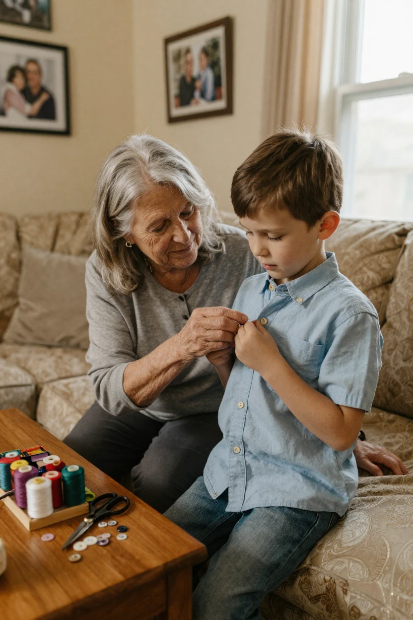 A grandmother teaches her grandson to sew a button back onto his shirt.