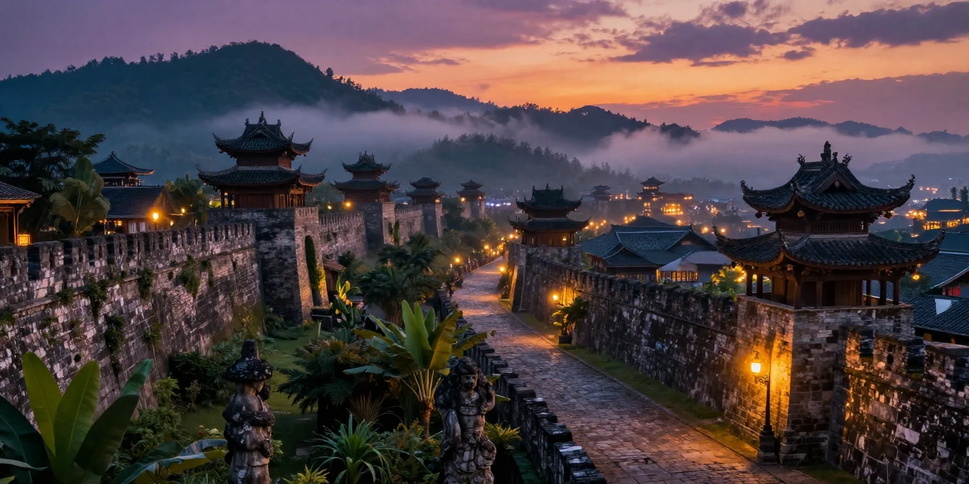 A walled medieval city glowing at dusk standing quietly high in the mountains of Southeast Asia