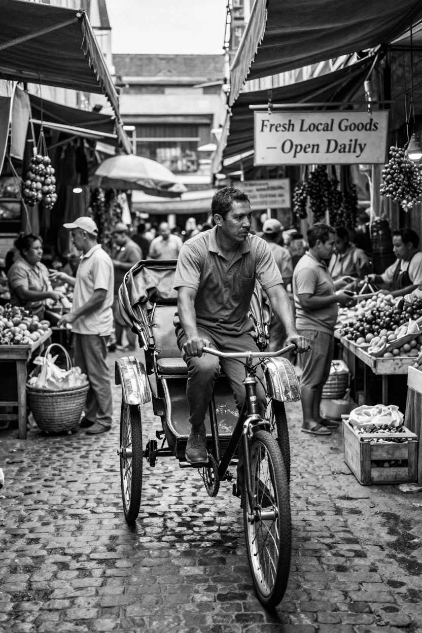 A rickshaw driver pedals through a crowded market lane along a narrow market street.