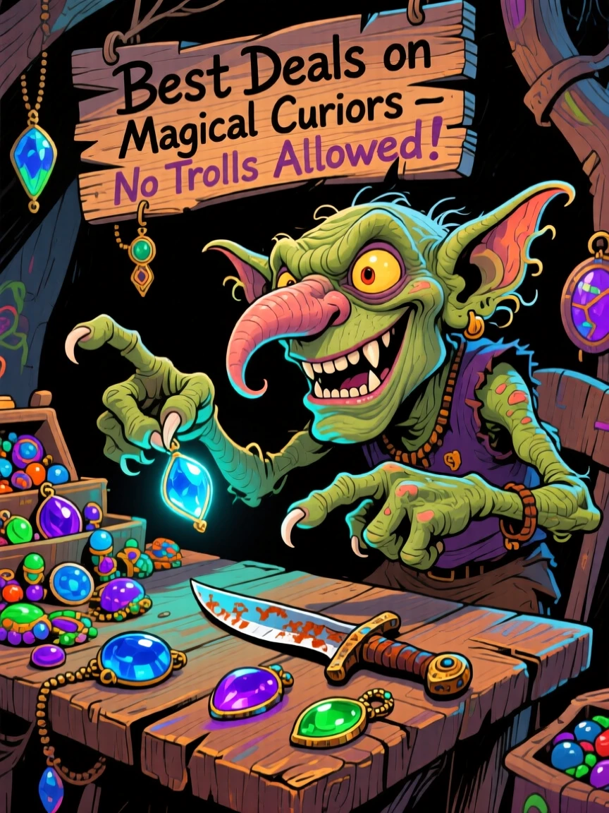 A goblin merchant haggling over a table piled with strange glowing trinkets.
