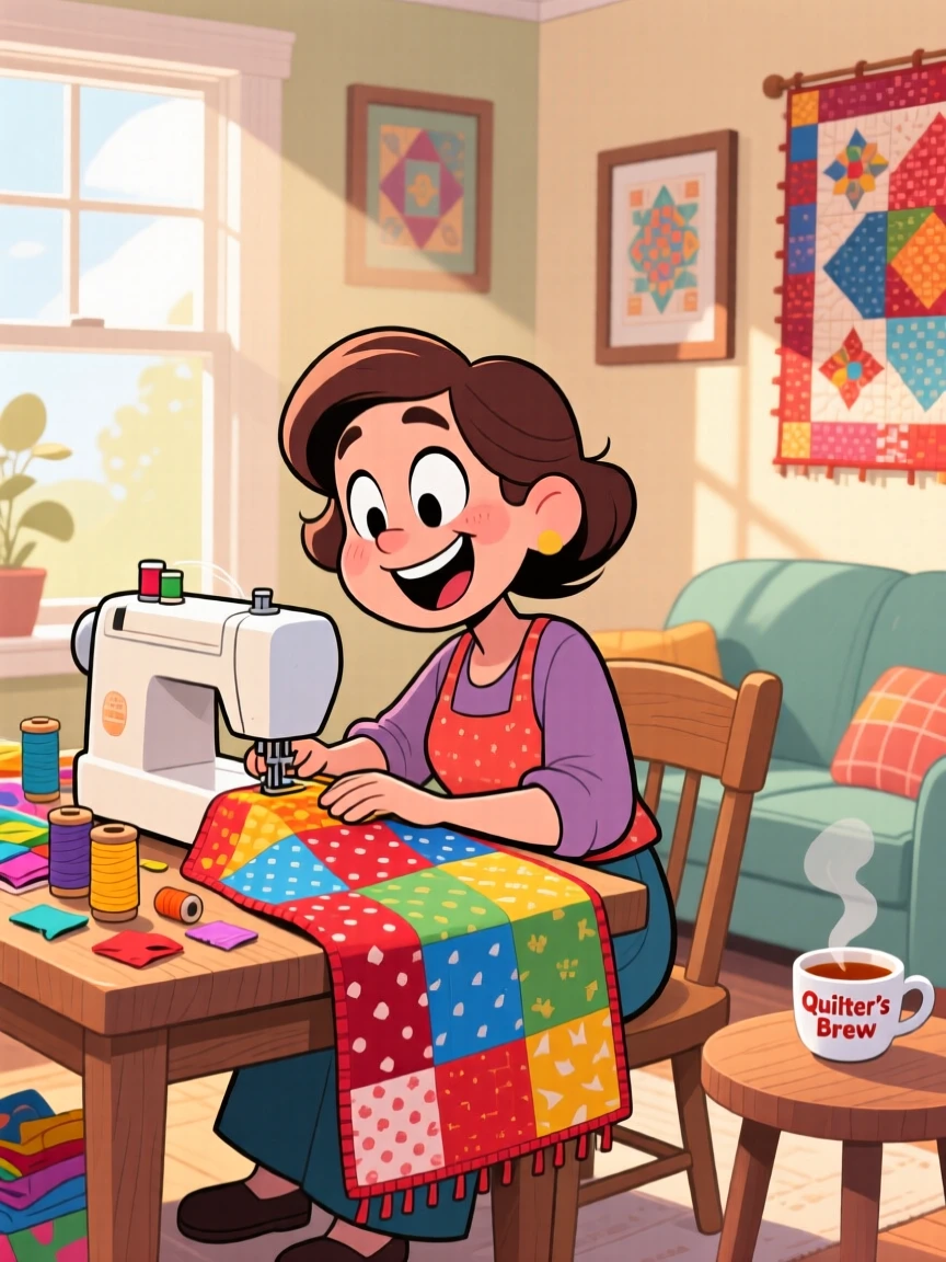 An everyday-life snapshot of a passionate quilter, completely absorbed in the middle of their favorite hobby, on a quiet weekend afternoon.