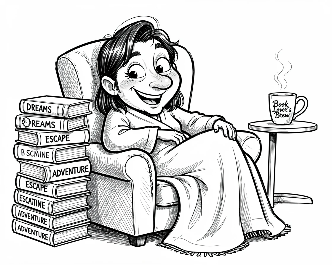 [Trending & Universal Topics] Modern lifestyle scene of a book lover curled up with a stack of novels and a warm blanket, capturing everyday joy