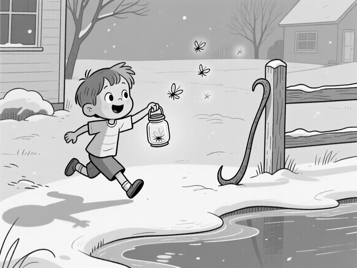 A child chasing fireflies with a mason jar, casting a long, dramatic shadow across the water, set in a snow-covered front yard. A lone shepherd's crook leans against a fence post. The scene celebrates nature's simple, joyful surprises.