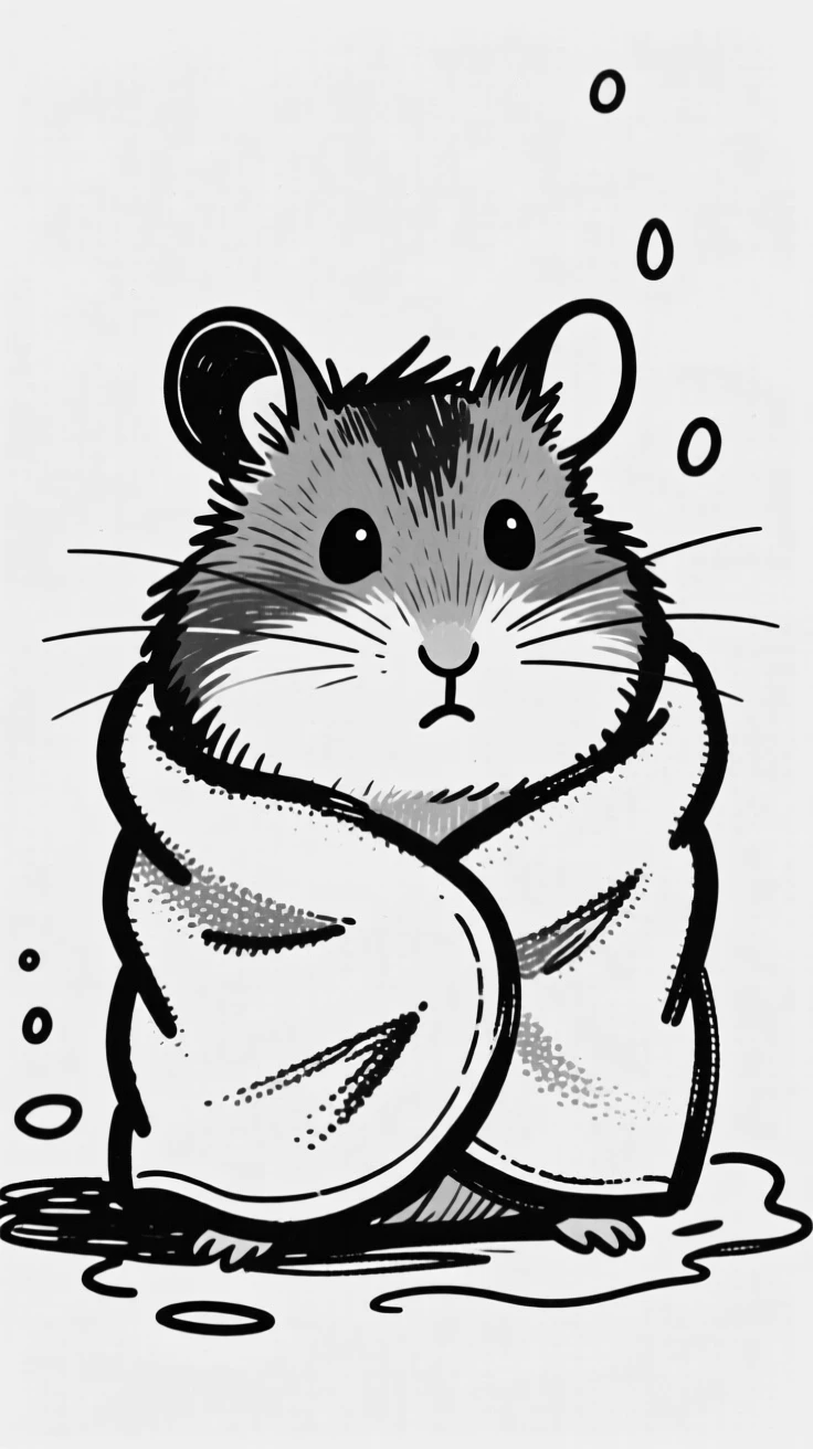 A hamster wrapped in a towel after a bath, looking grumpy but adorable.