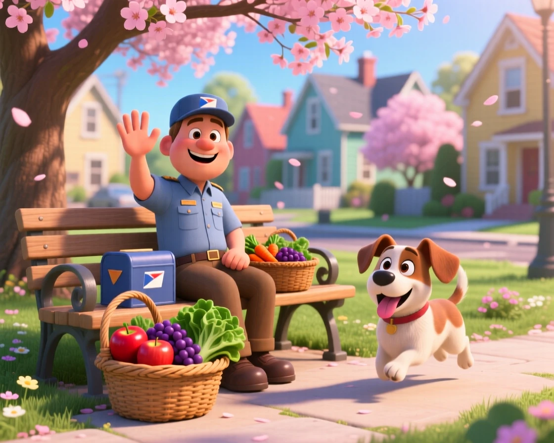 A mail carrier waving to a neighborhood dog is captured on a park bench beneath a blossoming tree, with baskets of fresh produce stacked neatly. The atmosphere feels cozy, human, and full of small joys.