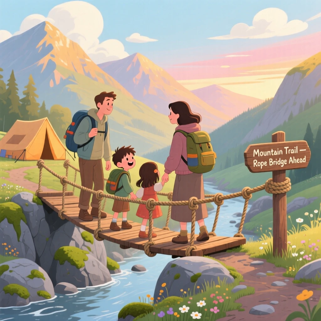 A family of campers pauses while crossing a rope bridge over a gentle ravine in a rocky mountain trail, with distant mountains glowing in the morning light.