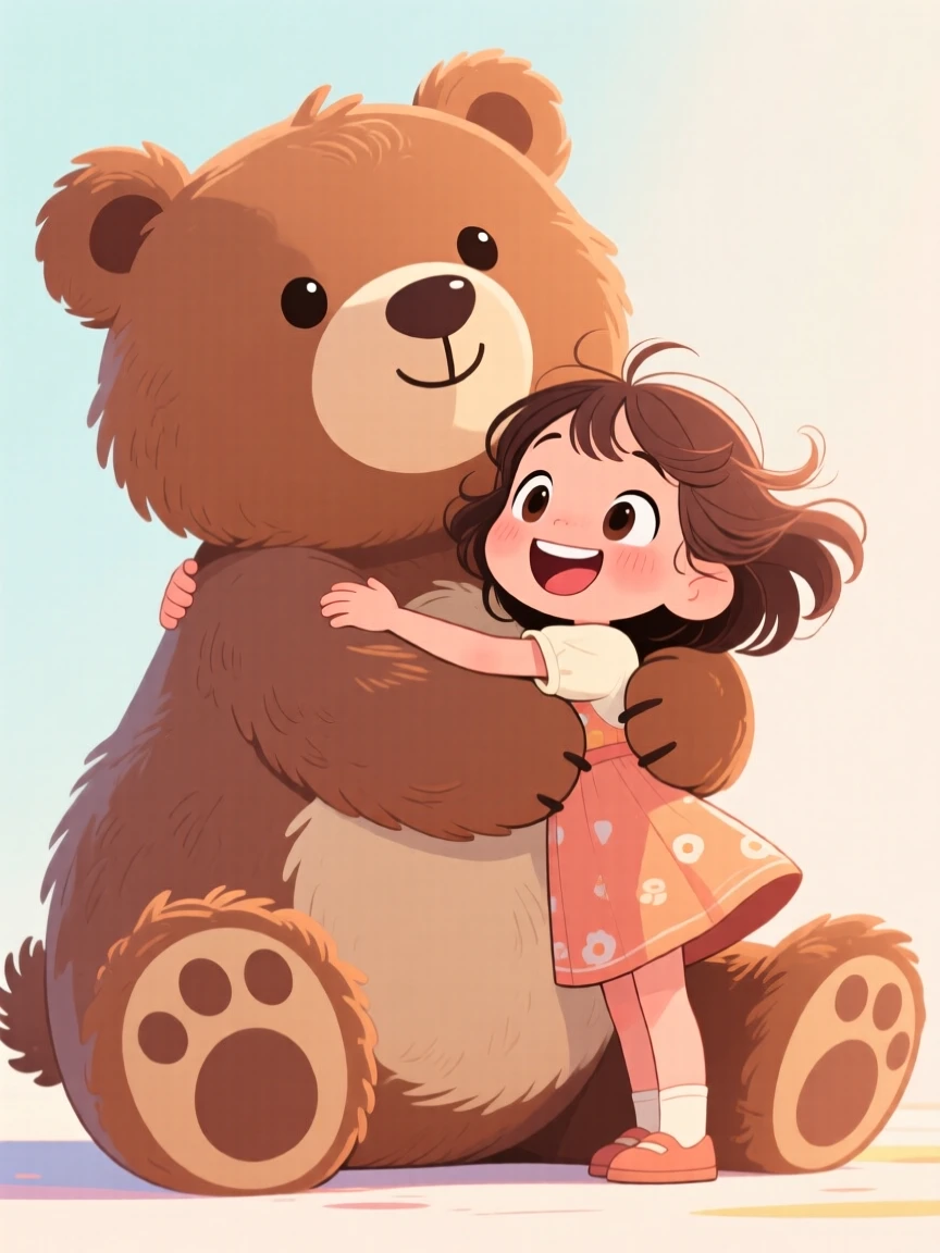 A girl hugging a giant teddy bear almost as big as she is.