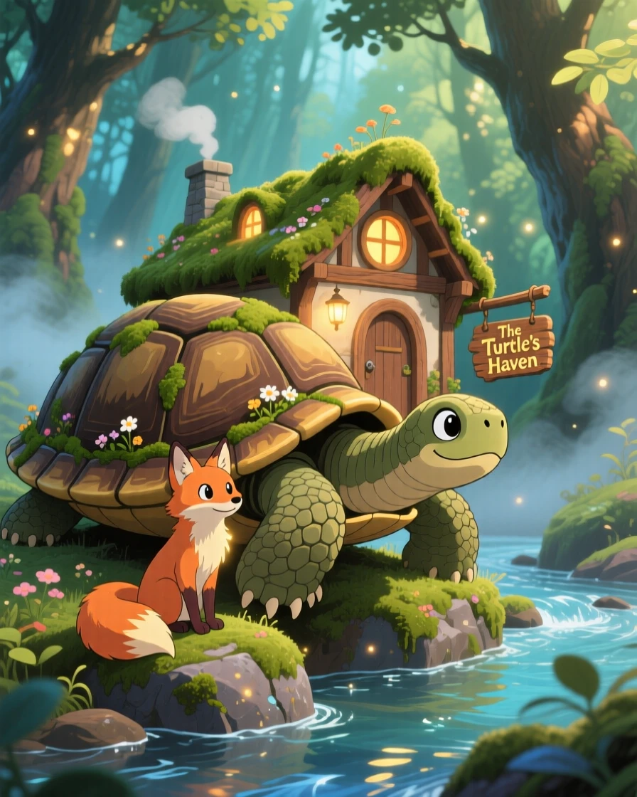 A cottage perched on the back of a giant turtle, where a fox with softly glowing fur can be seen nearby, the atmosphere mysteriously beautiful.