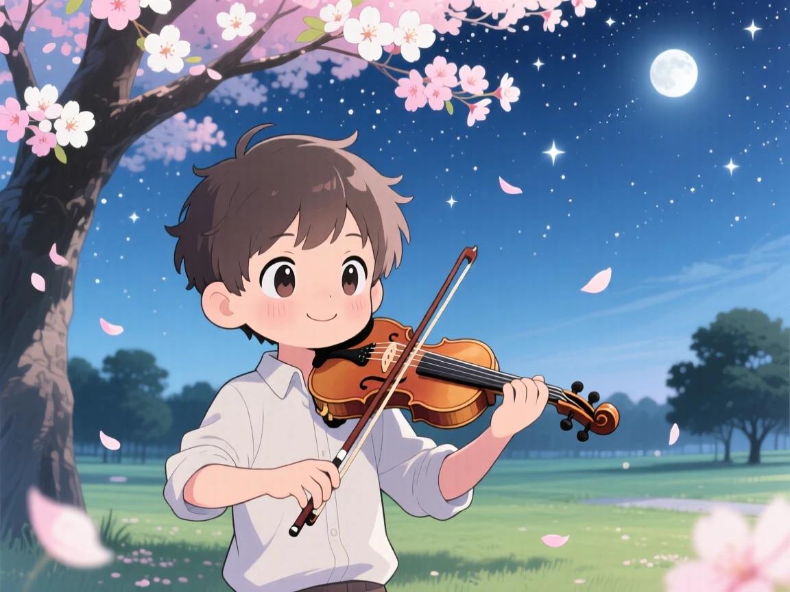 Waist-up portrait of a small boy, playing violin under a blossoming tree, in a peaceful park, under a starry midsummer night sky, illuminated by soft moonlight, radiating quiet contentment.