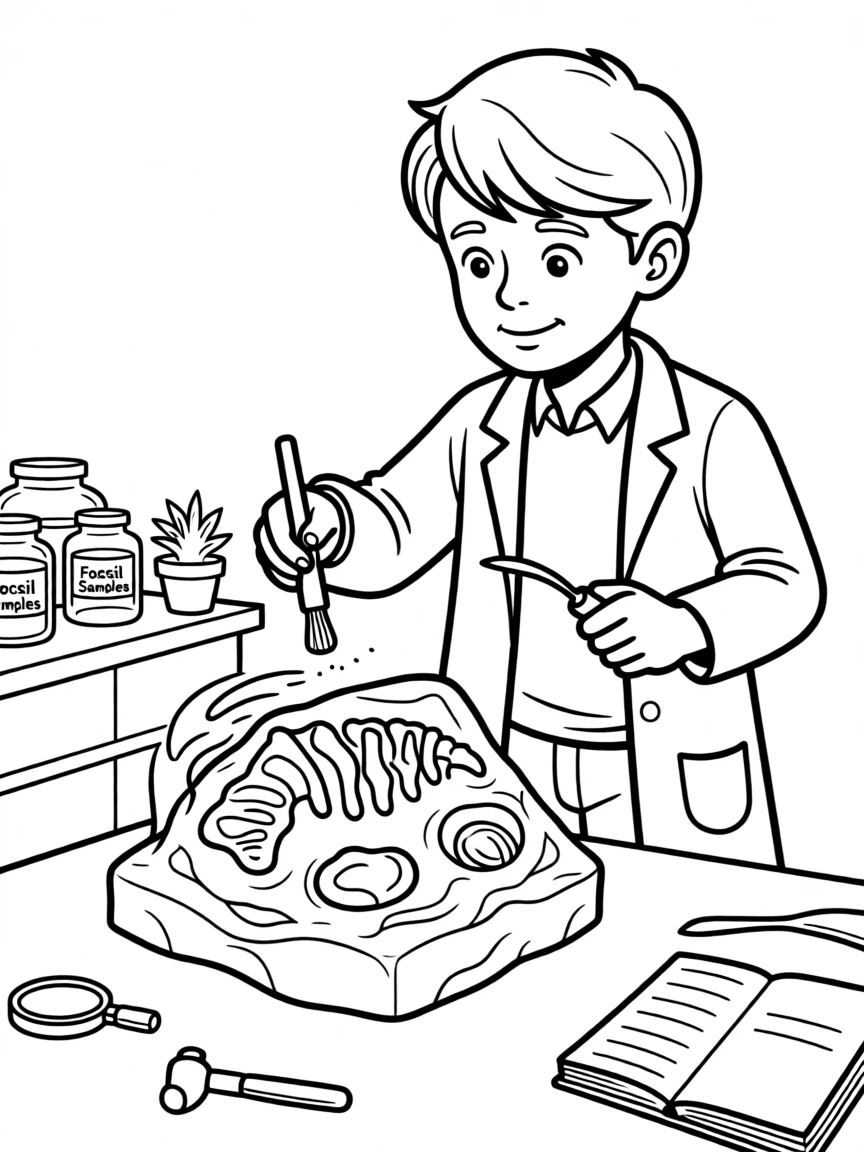 A scientist examining fossils with a small brush and tools