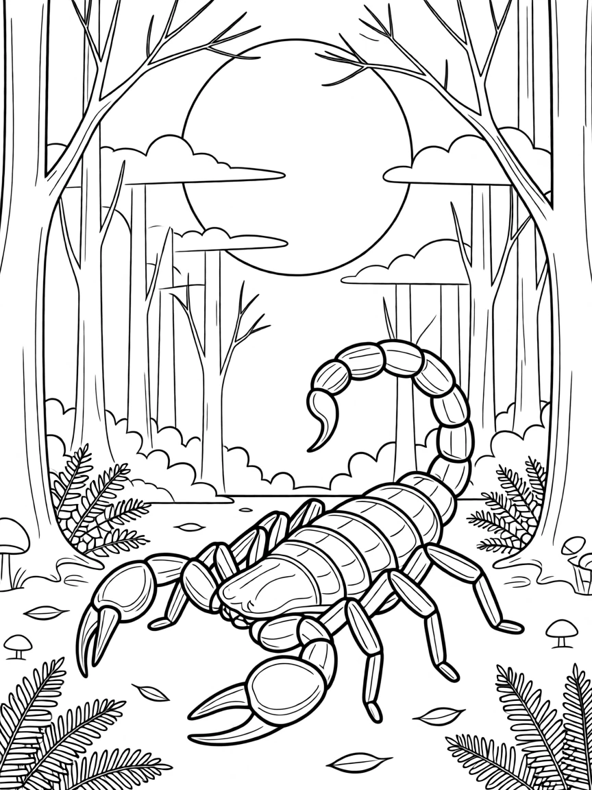 An emperor scorpion prowling through a moonlit forest, with scales that catch glints of light.