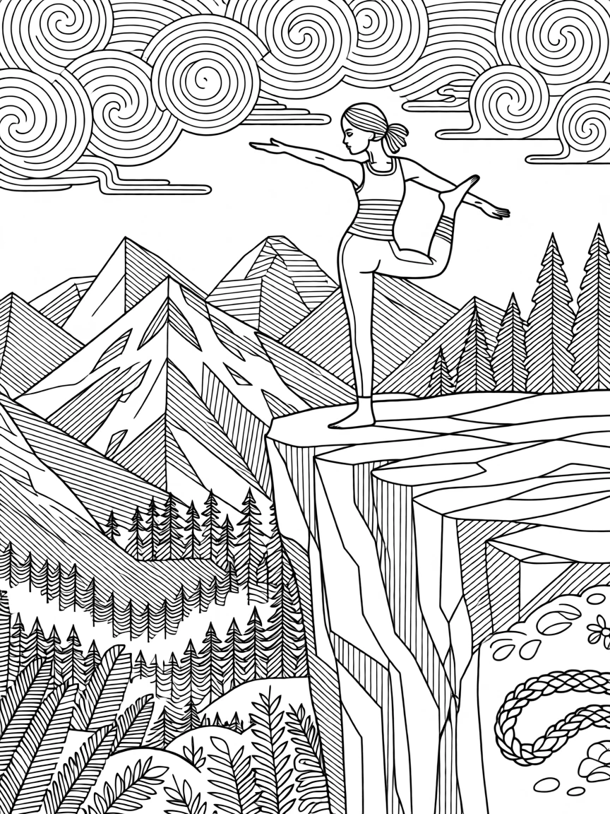 A person practicing a balancing yoga pose atop a cliffside boulder.