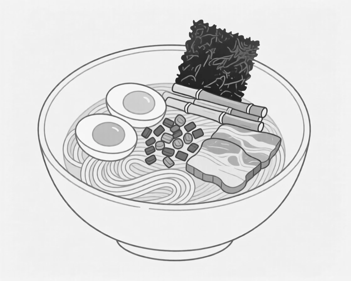 A bowl of ramen with toppings arranged neatly on top