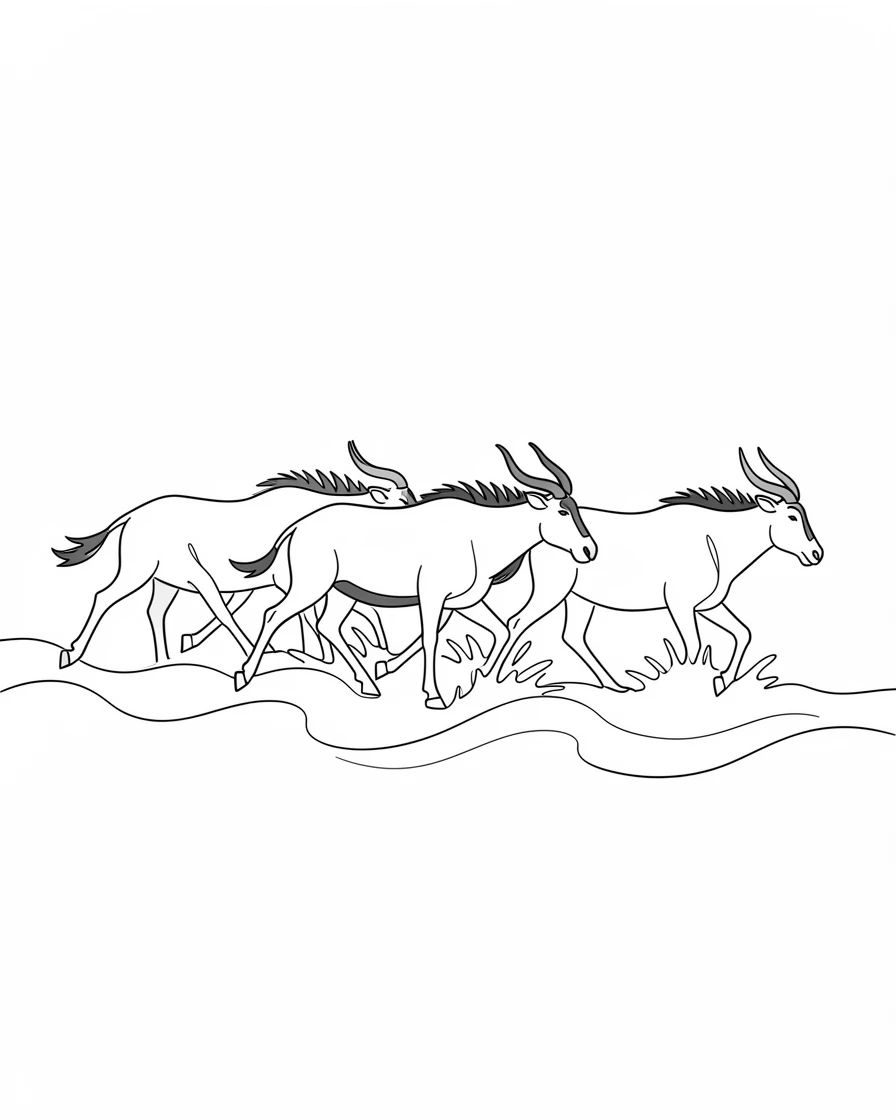 A herd of wildebeest thundering across a river during migration