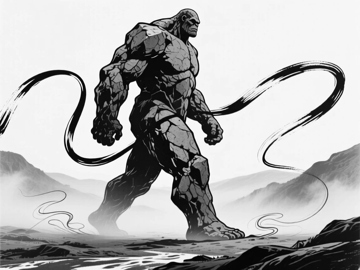 A colossal stone giant slowly walking through a misty valley.