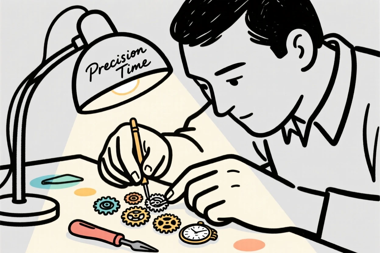 A watchmaker assembling tiny gears under a magnifying lamp.