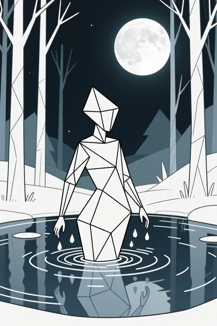 A water spirit emerging from a moonlit forest pond